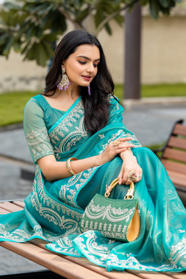 Krishna R fashion Embroidered Bandhani Supernet Saree(Light Blue)