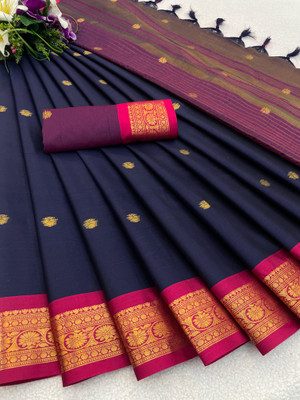 KanjiQueen Woven Kanjivaram Pure Silk, Cotton Blend Saree(Dark Blue, Magenta)