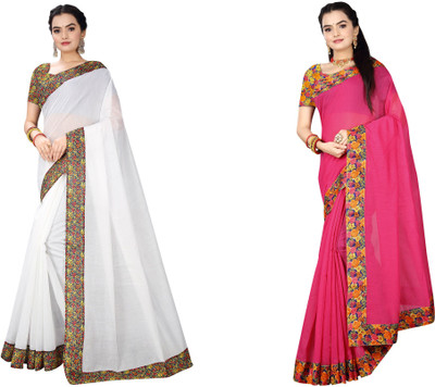 manish Solid/Plain Chanderi Cotton Blend Saree(Pack of 2, Magenta, White)