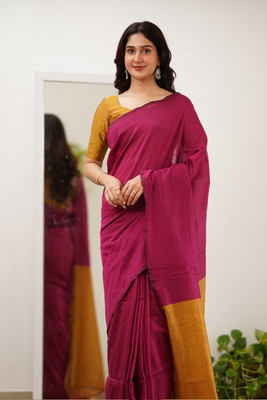 JHILUU Solid/Plain Handloom Pure Cotton Saree(Pink, Yellow)
