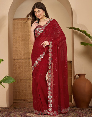 all about you Embellished, Embroidered, Self Design Bollywood Georgette Saree(Red)