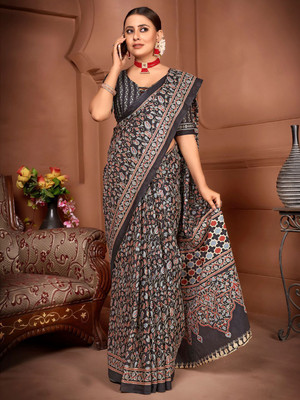 Anouk Rustic Printed Daily Wear Cotton Blend Saree(Black)
