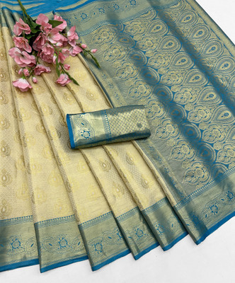 HK Trading Paisley, Woven, Self Design Banarasi Cotton Silk Saree(Cream)