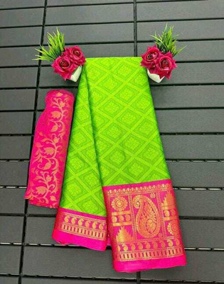 Laxmitax Woven Narayanpet Cotton Silk Saree(Green, Pink)