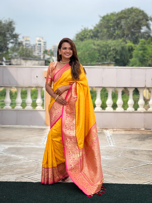 LeeliPeeri Designer Polka Print Paithani Cotton Silk Saree(Yellow)