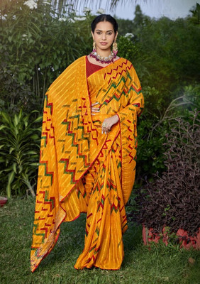 georgette Printed Bandhani Georgette Saree(Yellow)