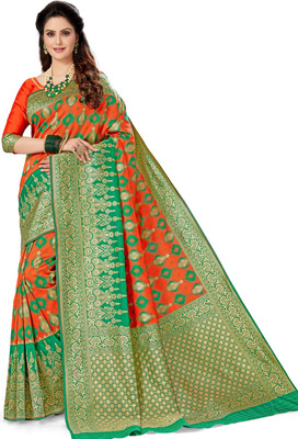 M.S.RETAIL Self Design Kanjivaram Silk Blend Saree(Green, Orange)