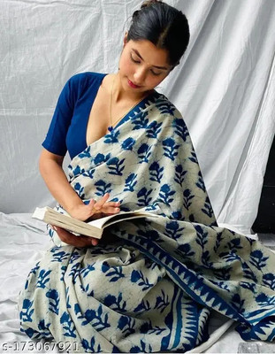 NENU CREATION Printed Ikkat Cotton Blend Saree(Blue)