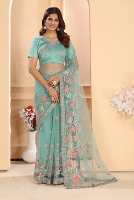 MYSTERY BOX Embroidered, Self Design Bollywood Net Saree(Blue)