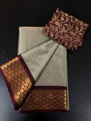 Paramparik Textile Solid/Plain Maheshwari Cotton Silk Saree(Cream)
