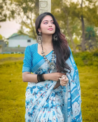 yourwish Printed Bollywood Cotton Blend Saree(Blue, White)