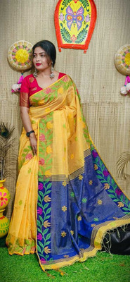 SMRITI HANDLOOM Woven, Self Design Bollywood Handloom Tissue Saree(Yellow)