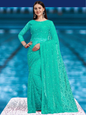 NORAFLEX Self Design Bollywood Net Saree(Light Blue)