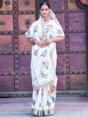Sareemall Digital Print Hand Batik Cotton Linen Saree(White)