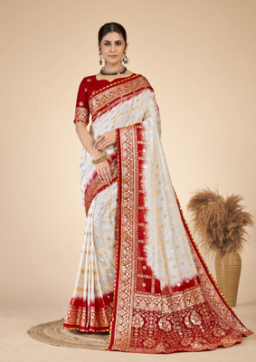 VASUPUJYA Woven, Floral Print Banarasi Jacquard Saree(White, Red)