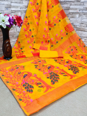 Vedant Vastram Self Design Jamdani Cotton Blend Saree(Pack of 2, Yellow)