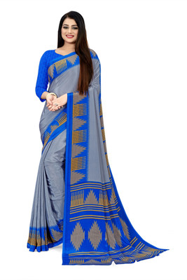 Bansi Ecom Printed, Temple Border Daily Wear Crepe, Silk Blend Saree(Blue)