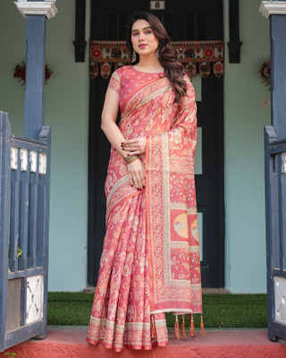 DHAYNAAND REEWA FASHION Digital Print Kalamkari Linen Saree(Multicolor)
