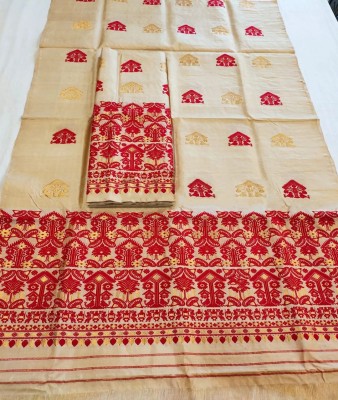 Reevarise Self Design Mekhela Chador Cotton Blend Saree(Beige)