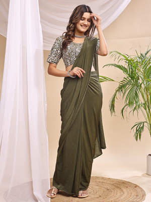 VRAJTEX FAB Solid/Plain Bollywood Lycra Saree(Green)