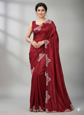 Anugrah Textile Printed Banarasi Lycra Blend, Chiffon Saree(Maroon)