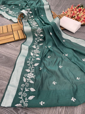 GLOWMOROUS Embroidered Chanderi Chanderi Saree(Dark Green)