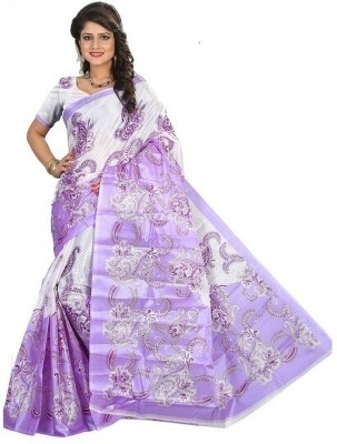 VCREATION Printed Bhagalpuri Silk Blend Saree(Purple)