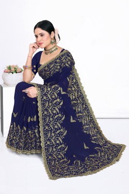 k d fab Embroidered Bollywood Georgette Saree(Dark Blue)