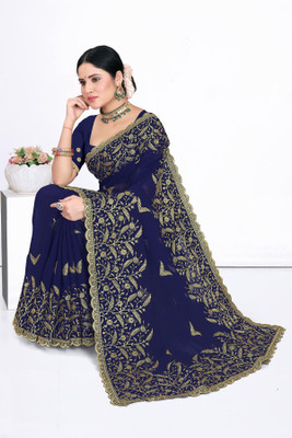 UMATEXFAB Embroidered Bollywood Georgette Saree(Dark Blue)