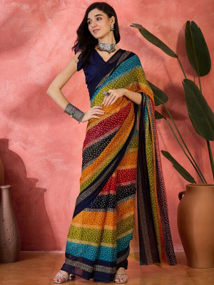 Dori Geometric Print Bandhani Georgette Saree(Multicolor)