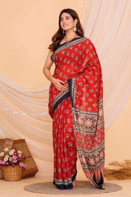 ABSOLUTE FASHION HUB Printed Saree with Attached Blouse Cotton Blend Saree(Red)