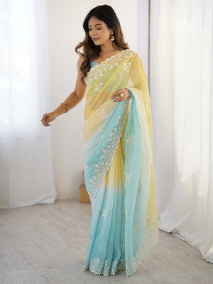 Tasrika Embroidered, Embellished Bollywood Tissue Saree(Yellow, Blue)