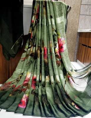 Bombey Velvat Fab Floral Print Ikkat Chiffon, Georgette Saree(Green)