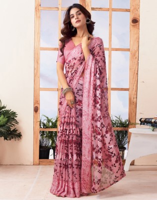 Divastri Floral Print Daily Wear Georgette Saree(Pink, Brown)