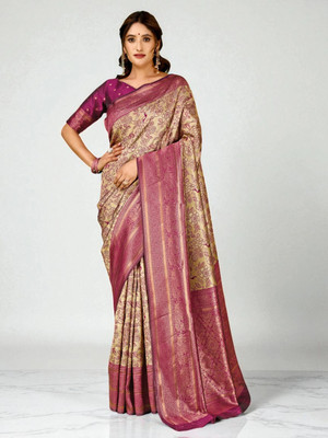 fFASHION Embellished, Temple Border, Floral Print, Woven Banarasi Art Silk, Cotton Silk Saree(Cream)