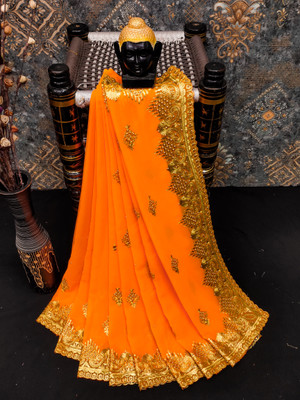 MIYANIFAB Embroidered, Floral Print Bollywood Georgette Saree(Gold)