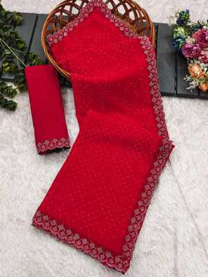 Anand Sarees Embellished, Self Design Bollywood Georgette, Chiffon Saree(Red)