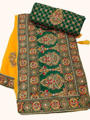 MADHUR HAND WORK ART Embroidered, Embellished Bollywood Silk Blend Saree(Yellow)