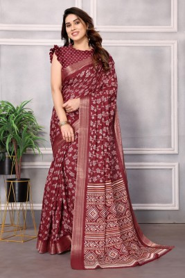 sareya veela Printed Daily Wear Cotton Linen Saree(Maroon)