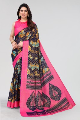 Vivostav Designer Floral Print Bollywood Chiffon, Brasso Saree(Dark Blue, Pink)