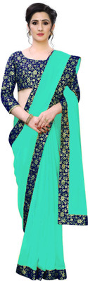 Rashiklal & Co. Solid/Plain Bollywood Georgette Saree(Light Green, Dark Blue)