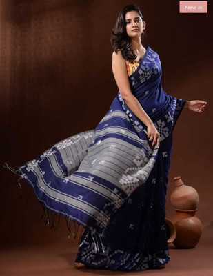 Sthaker Solid/Plain Handloom Cotton Blend Saree(Blue)