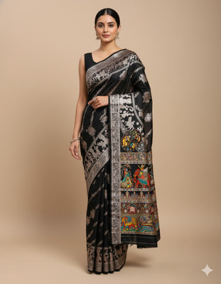 KALIPATRA Woven, Temple Border, Solid/Plain Baluchari Art Silk Saree(Black)