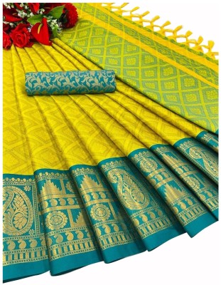 Fiesta Woven Kanjivaram Cotton Silk Saree(Yellow)