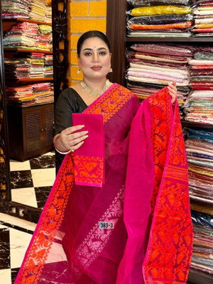 maa agameswari Self Design Jamdani Cotton Silk Saree(Orange)