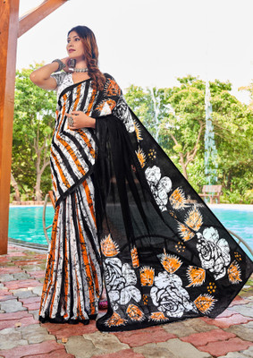 Divastri Blocked Printed, Printed Chanderi Cotton Blend Saree(White, Black)