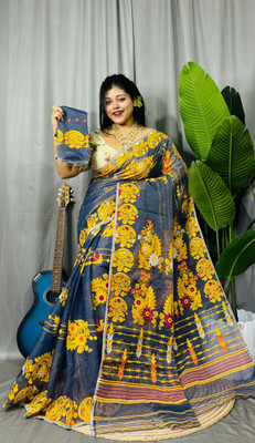 Pasum's Self Design, Hand Painted Jamdani Cotton Silk, Pure Cotton Saree(Mustard, Blue)