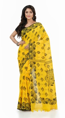 Desh Bidesh Blocked Printed Handloom Pure Cotton Saree(Yellow)