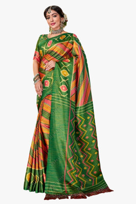 Kk Kavvya Crsk Geometric Print Leheria Raw Silk Saree(Multicolor)