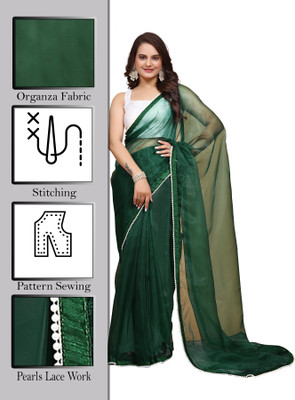 MK WOMENS Solid/Plain Bollywood Organza Saree(Green)